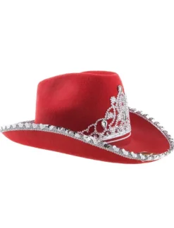 Cowboyhatt - Rød med paljetter og krone