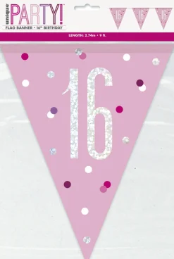 Flaggbanner - 16 År - Rosa & Sølv