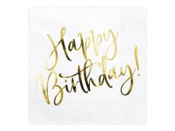Hvite servietter - Happy Birthday i gull